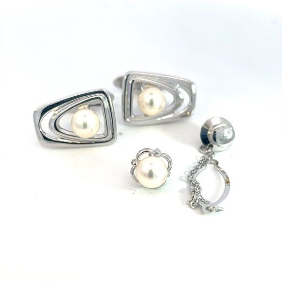 Mikimoto Estate Akoya Pearl Cufflinks + Tie Pin Set Sterling Silver 7.20 mm M384 - Picture 4 of 8